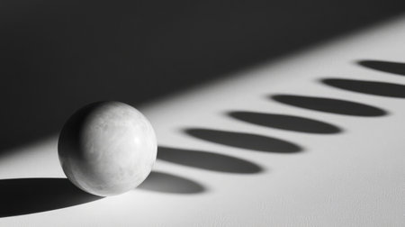 Bowling ball mid-roll with shadow trailing behind, about to strike pins in crisp alignmentの素材