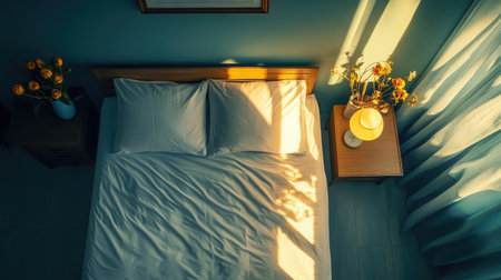 A top view of a guest bedroom with clean white sheets, bedside lamp, and flower vaseの素材