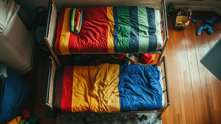 Children's bunk bed setup viewed from above with colorful bedding and floor toysの素材