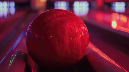 Close-up of a red bowling ball resting on a return rack with neon reflections from ambient lightingの素材