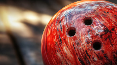Extreme close-up of bowling ball surface showing finger holes and reflective coatingの素材
