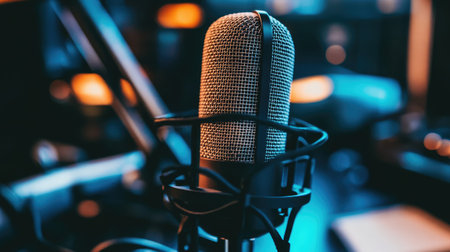 RGB microphone and gaming mouse synchronized in color placed on a slick glass deskの素材