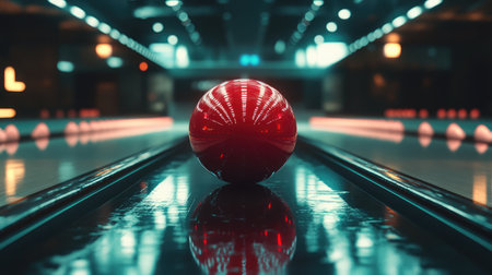 Reflections of pins on glossy lane surface, captured with dramatic overhead lightingの素材