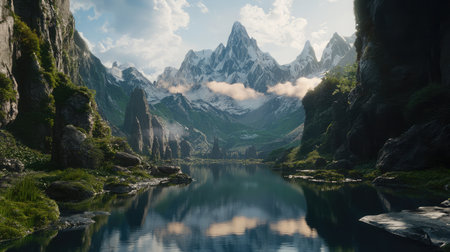 A picturesque mountain view reflected in a still river bordered by mossy stones and alpine vegetationの素材