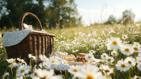 A vintage-style picnic basket placed next to a field of daisies with food peeking out on a sunny dayの素材