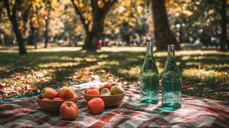 Light reflecting off glass bottles and fruit bowls placed on a cozy picnic rug in a vibrant green parkの素材