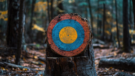Archery target painted onto a tree stump in the middle of a clearingの素材