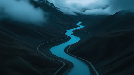 Overhead view of a winding river tracing through a mountain valley, reflecting peaks and clouds aboveの素材