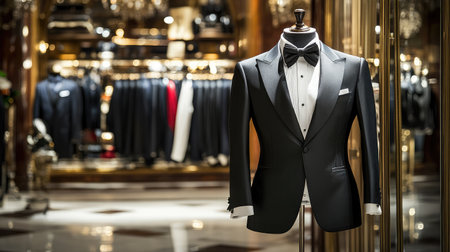 Crisp tuxedo with satin lapels and sleek bow tie on a mirrored surfaceの素材