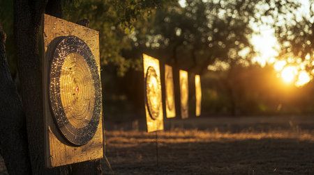 Archery range at sunrise with dew-covered targets glistening in the morning lightの素材
