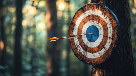 A torn and worn archery target showing signs of heavy use, with arrows embedded at odd anglesの素材