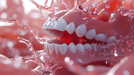 Clean clinical scene showing realistic dentures with intricate gum details in sharp macroの素材
