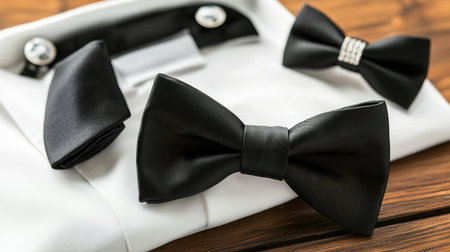 Close-up flat lay of a black tuxedo bow tie, cufflinks, and dress shirt collarの素材
