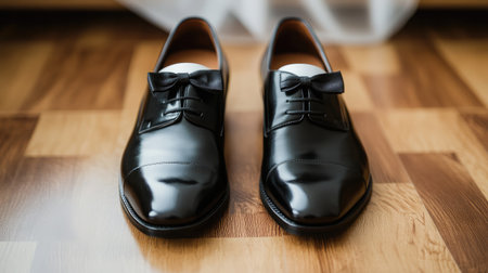 Elegant black tuxedo with a white dress shirt neatly folded alongside shiny dress shoesの素材