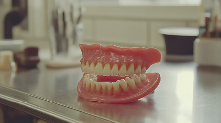 Full denture pair with textured acrylic gums and arranged teeth neatly placed on tray surfaceの素材
