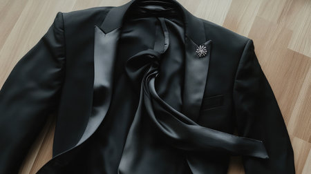 Elegant men's eveningwear flat lay with silk scarf, tux jacket, and broochの素材