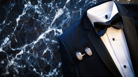 Flat lay of a black tuxedo, bow tie, and cufflinks on a dark marble background with soft lightingの素材