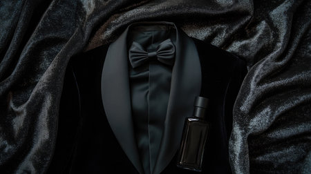 Minimalist flat lay of tuxedo jacket, silk bow tie, and cologne bottle on luxury fabricの素材