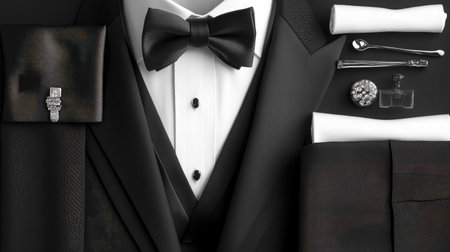Laid out tuxedo with detailed close-up of buttons, tie, and folded cuffsの素材