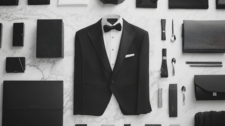 Minimalist tuxedo flat lay, perfectly aligned with clean black and white tonesの素材
