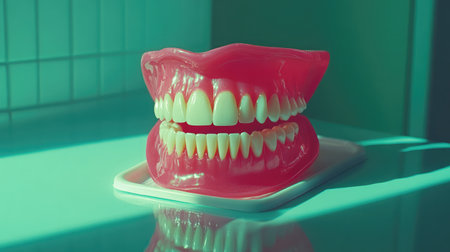 Natural-colored denture gums and teeth resting on a clean white dental tray under bright studio lightの素材