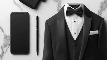 Modern flat lay with slim tuxedo, luxury pen, and smartphoneの素材