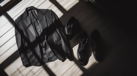 Sophisticated tuxedo flat lay with minimalist styling and soft edge lightingの素材