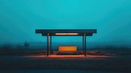 Atmospheric capture of a minimal bus shelter, blank frames glowing in soft light under overcast skyの素材