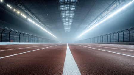 Long shot of racetrack lanes disappearing into darkness under stadium glowの素材