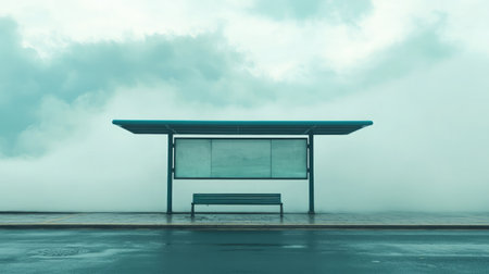 Public bus stop under heavy storm clouds, no signs of life, empty seating and signageの素材