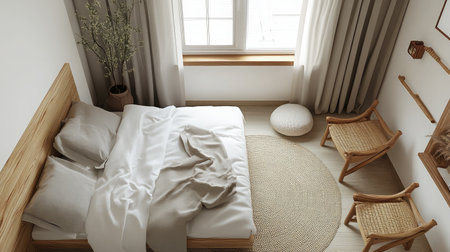 Zen-inspired bedroom with neutral tones, woven rug, and natural wood elements top viewの素材