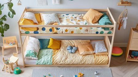 Children's bunk bed setup viewed from above with colorful bedding and floor toysの素材