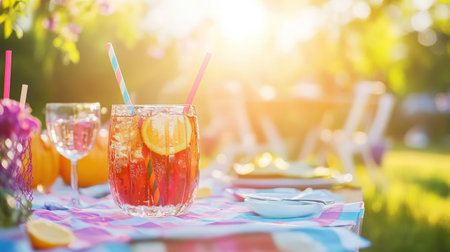 Festive scene with colorful sodas and sparkling waters, bright straws, and decorative napkins under the sunの素材