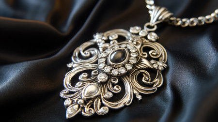 Timeless elegance captured in silver pendant jewelry displayed on classic black satin fabricの素材