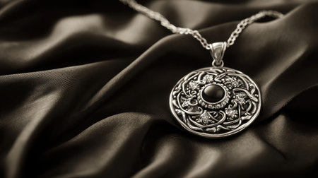 Timeless elegance captured in silver pendant jewelry displayed on classic black satin fabricの素材