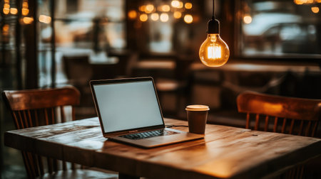 Modern tech workspace with a minimalist lamp illuminating a laptop in a cozy, dim roomの素材