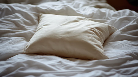 A lone pillow in sand color decorates an otherwise all-white bed in a minimalist modern homeの素材
