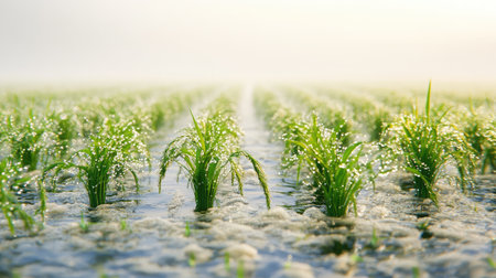 Calm morning atmosphere with dewdrops on green rice plants and layers of fog rolling through the paddiesの素材