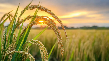 Close-up of rice leaf veins with fresh dew droplets at sunrise, capturing the peaceful mood of morningの素材