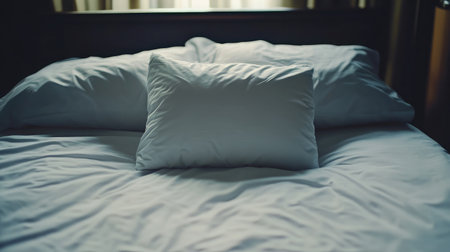 Simple composition featuring a single soft cushion on white bedding, framed by minimal neutral decorの素材