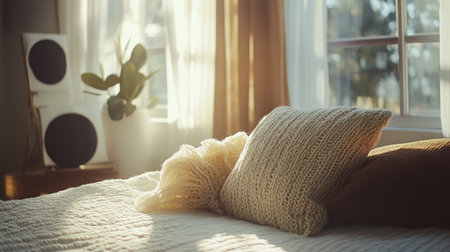 Texture-rich neutral cushion on a flat white bedspread in a sunlit room with pure minimalist charmの素材