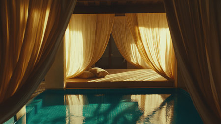 Billowing curtains frame a sunlit cabana with soft neutral cushions, next to a turquoise-tiled poolの素材