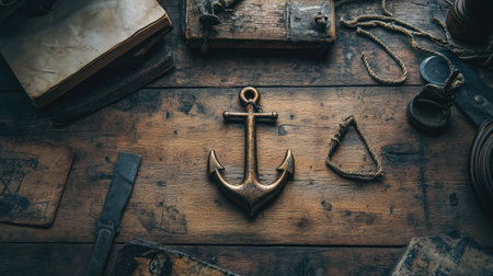 Clean flat lay of rustic marine decor featuring a small anchor and nautical props on woodの素材
