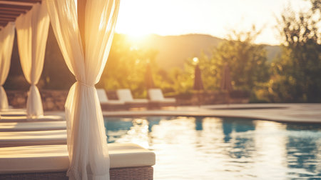 Poolside privacy cabanas with white sheer drapes moving in the wind, cushioned lounges basking in sunlightの素材