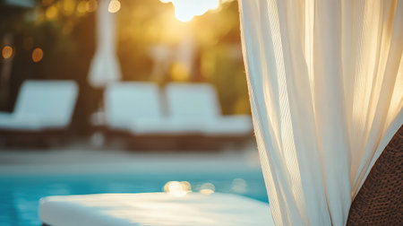 Peaceful retreat by the pool, cabana curtains flowing in the breeze with warm sun falling on white cushionsの素材