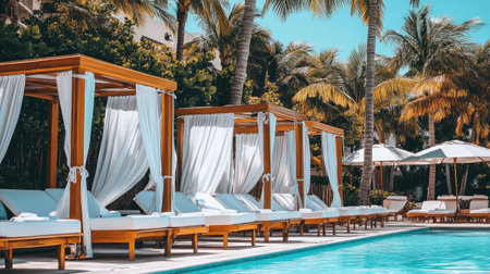 Soft white curtains flowing in the wind, cabanas by the pool glowing under bright afternoon sun with cozy seatingの素材