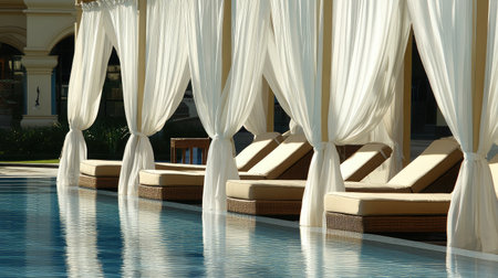 Poolside privacy cabanas with white sheer drapes moving in the wind, cushioned lounges basking in sunlightの素材