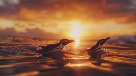 Playful penguins sliding on their bellies across icy surfaces under a vivid orange and pink sunset skyの素材