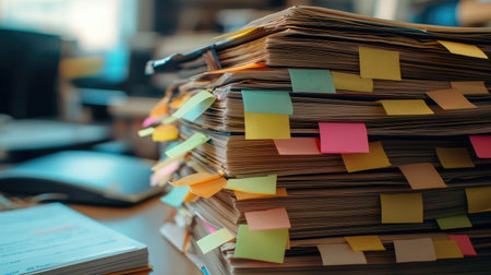 Pile of books with sticky note tabs and a planner open nearby in a focused office spaceの素材