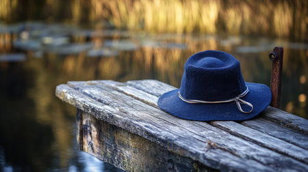 Blue fisherman hat hanging from a rusty nail on a weathered boat dockの素材